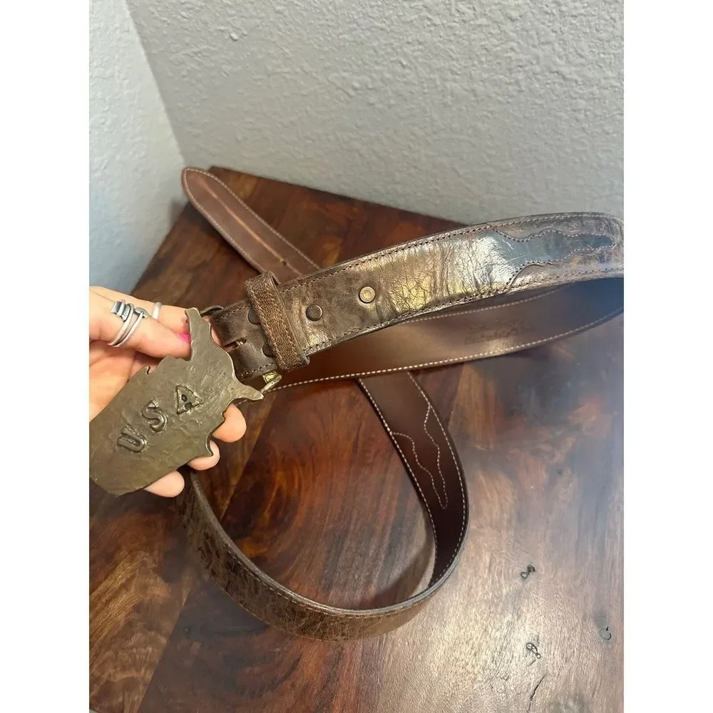 Vintage USA Leather Belt Cowboy Country Western Rodeo Americana Folk Brown Brass